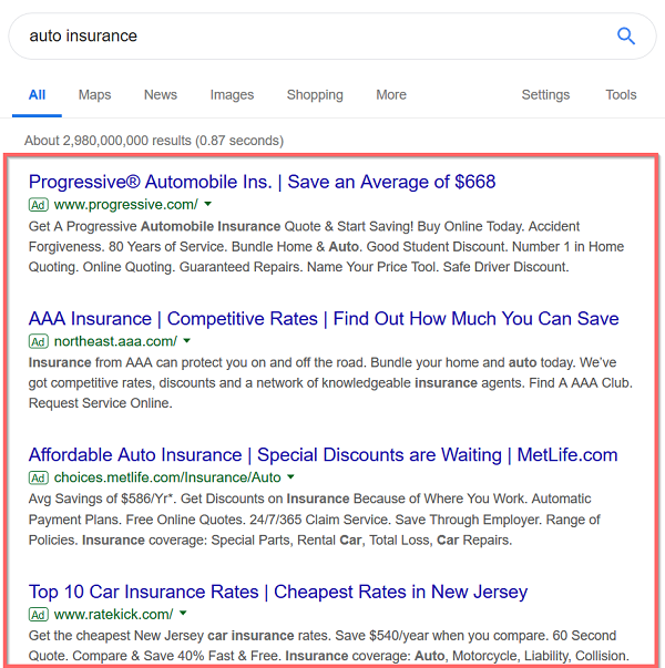 Otomatik sigorta için Google'daki reklamlar