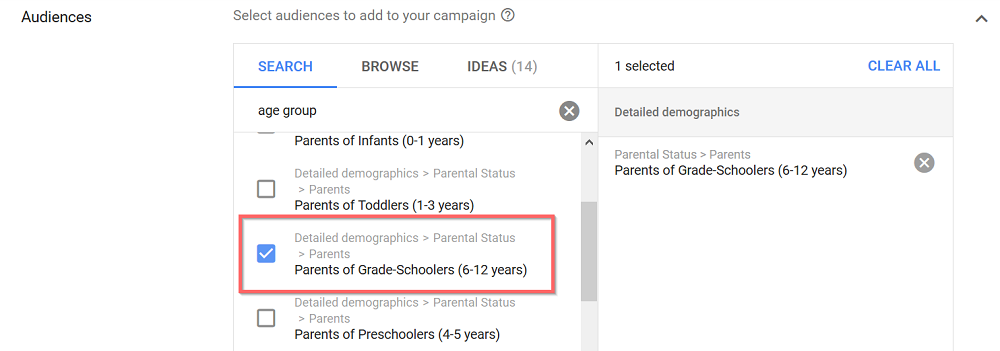 Google, ebeveynleri hedeflemenize olanak tanır
